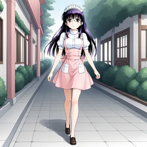 anime girl in a pink dress walking down a street