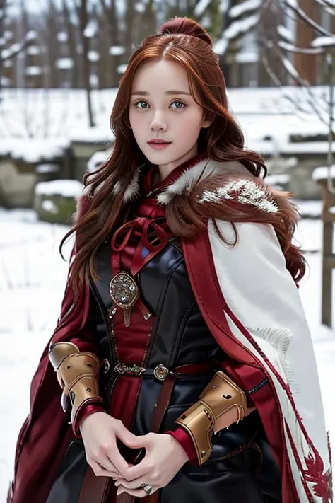 1girl, long hair, solo, red hair, snowing, realistic, cape, snow, armor, blurry, blurry background, blue eyes, fur trim, looking at viewer, very long hair, lips, outdoors,  <lora:lyt-000006:0.8> <lora:adventurers_v1:1>