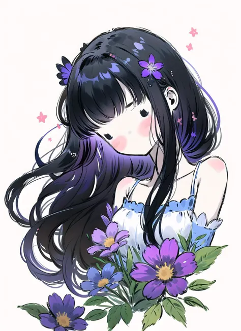 a girl with long black hair and purple flowers in her hair