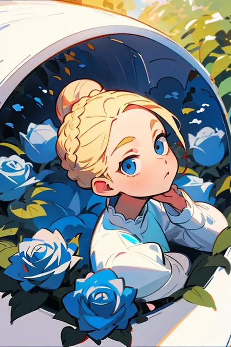 masterpiece,best quality,shiny skin,close-up,looking up,blue eyes,ultra detailed background,1 girl with blonde hair in a double-sided braided bun leaning against a garden arch of blue roses,white and blue dress