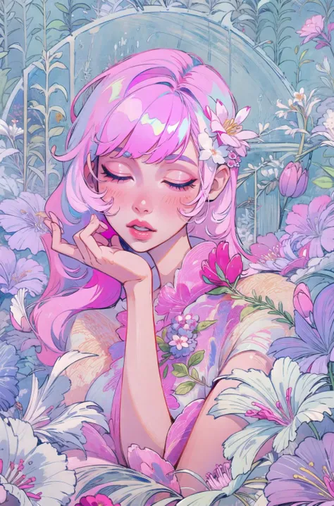 1girl,flower,solo,pink hair,closed eyes,hair ornament,hair flower,long hair,pink flower,bangs,lips,parted lips,