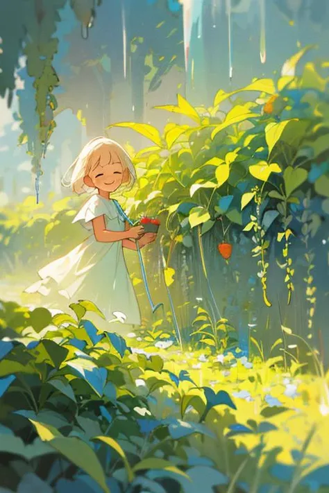 masterpiece,best quality,ultra detailed background,
BREAK
light colors,daylight,focus on girl,depth of field,translucent layers, Blending with Plants, fluid textures, subtle hues, organic forms, poetic atmosphere,
BREAK
Smiling little girl picking strawber...