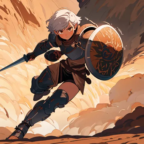 female halfling with short white hair and brown eyes, dark leather and breatplate armor with desert cloaks, shortsword and shield, rolling out of the way of an attack  (masterpiece) (best quality) (detailed) (8k) (wallpaper) (cinematic lighting) (sharp foc...