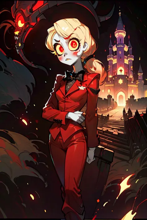 (charlie morningstar:1.2), (blonde hair, white skin, red blush, yellow sclera, red iris:1.5), long hair, loose low ponytail, black hairbands, (business suit, red suit, red pants, black bowtie:1), tall, slim, (dark hell themed background, hell, hell backgro...