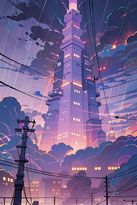 lanscape, amegakure  buildings, towers, dawn, cables, heavy rain, purple sky cloud, pipes, electricity, fog, cloudy sky, anime style, ghibli style,  ray of lights, <lora:ARWAmegakure:1>