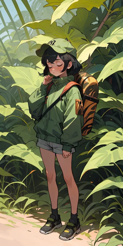 a cartoon girl in a green jacket and shorts standing in the grass