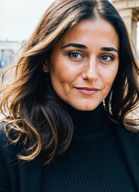 A stunning intricate full color portrait of (sks woman:1) in Berlin, at the Brandenburg Gate, wearing black turtleneck, epic character composition, sharp focus, natural lighting, subsurface scattering, f2, 35mm, film grain, , by Dorothea Lange, <lora:locon...