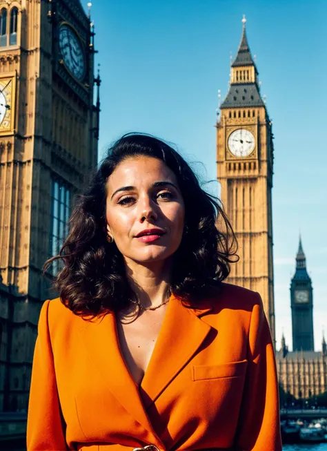 portrait of sks woman in London, with Big Ben in the background, by Flora Borsi, style by Flora Borsi, bold, bright colours, ((Flora Borsi)), by Gerda Taro, <lora:locon_emanuellechriqui_v1_from_v1_64_32:1>