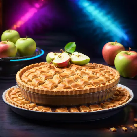 <lora:SwedishDessertsXL:1> ApplePie <lora:add-detail-xl:0.5> <lora:Food_Photography_-_Dark:0.5>, food photography, ad photography, promotional photography, neon lights, glowing neon lights, glowy textured backdrop, in dark studio background, dark and glow ...