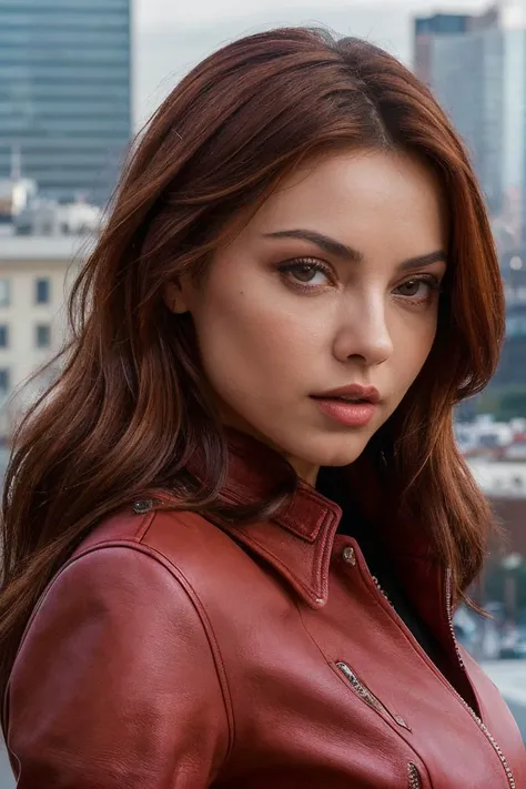 headshot of S195_SophieLaSage,a stunning woman,in a (city:1.1),wearing a (red leather-jacket:1.2),(cityscape:1.1),(8k, RAW photo, best quality, depth of field, ultra high res:1.2),(absurdres, intricate, photorealistic, masterpiece, ultra-detailed:1.3),