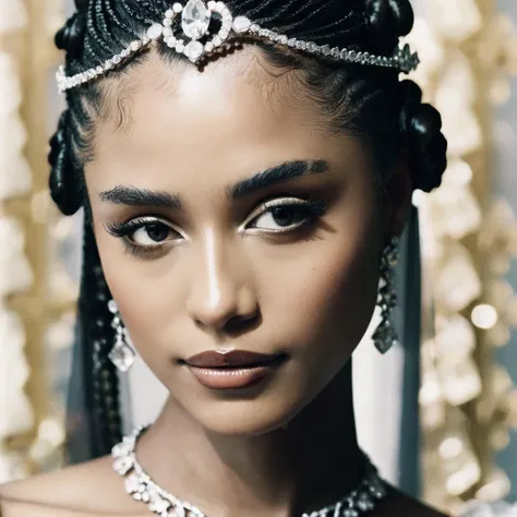 a close up of a woman with a necklace and earrings