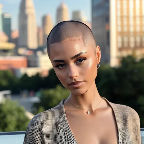 a close up of a woman with a shaved head and a city skyline