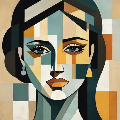 a painting of a woman with a geometric face and a brown background