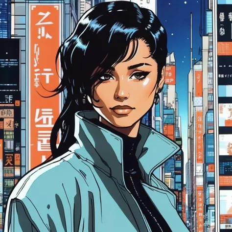 a woman in a blue jacket standing in front of a city