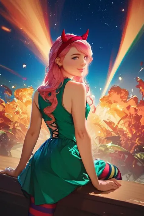 a woman with pink hair and a green dress sitting on a ledge