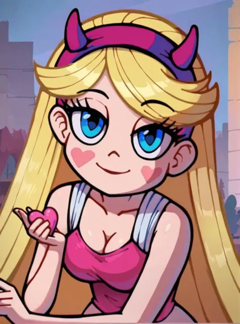 a close up of a cartoon girl with blonde hair and blue eyes