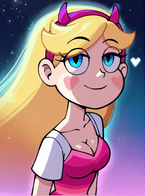 a cartoon girl with blonde hair and blue eyes in a pink dress