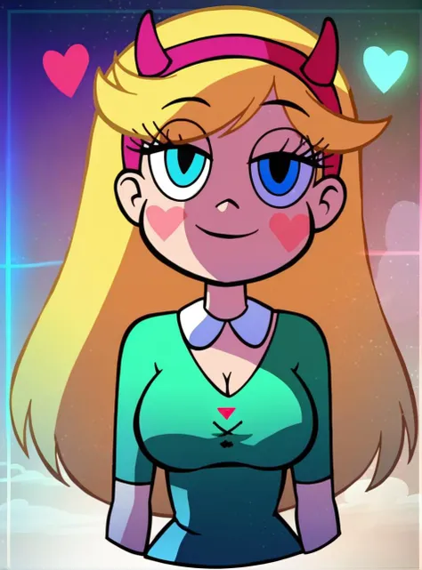 a cartoon girl with blonde hair and blue eyes wearing a green shirt