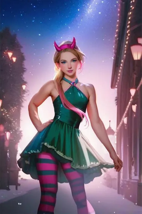 a close up of a woman in a green dress and pink stockings