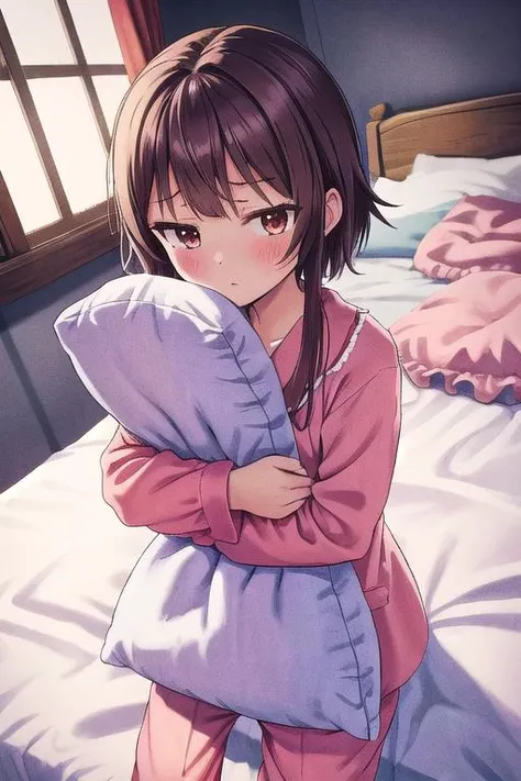 anime girl in pajamas holding a pillow on a bed