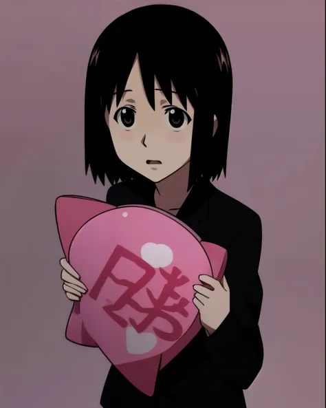 anime girl holding a pink heart with the word love written on it