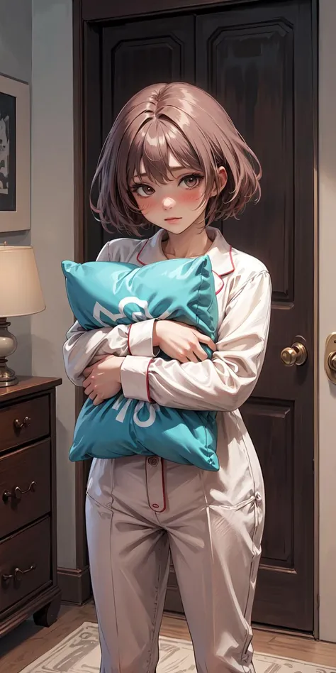 anime - style image of a woman holding a pillow in a room