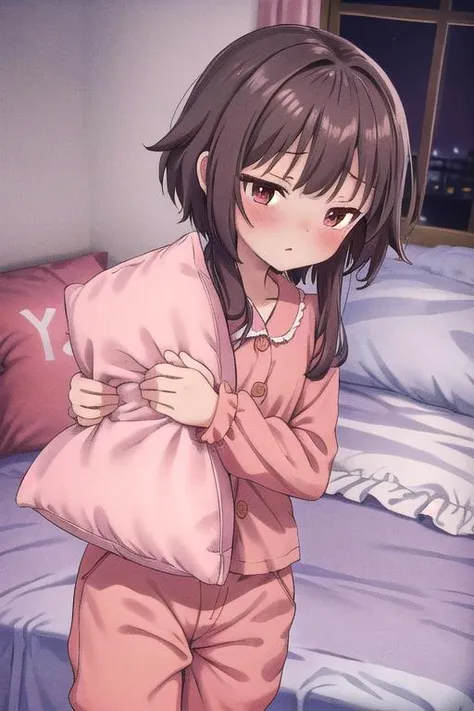 anime girl in pink pajamas holding a pillow in her hands