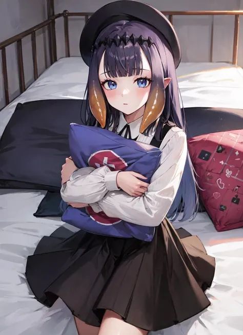 anime girl sitting on a bed holding a pillow with a hat on