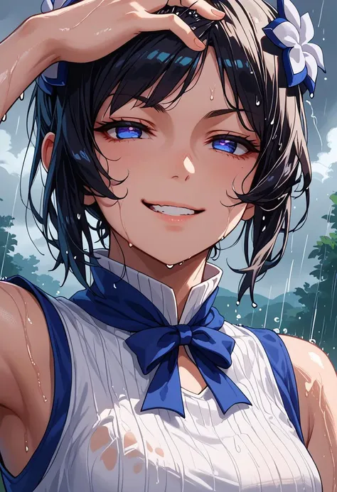 score_9,score_8_up,score_7_up, <lora:freya_danmachi_pdxl_goofy:1>freyadm, 1girl, evil smile, rain, smug, wet hair, portrait, loo...