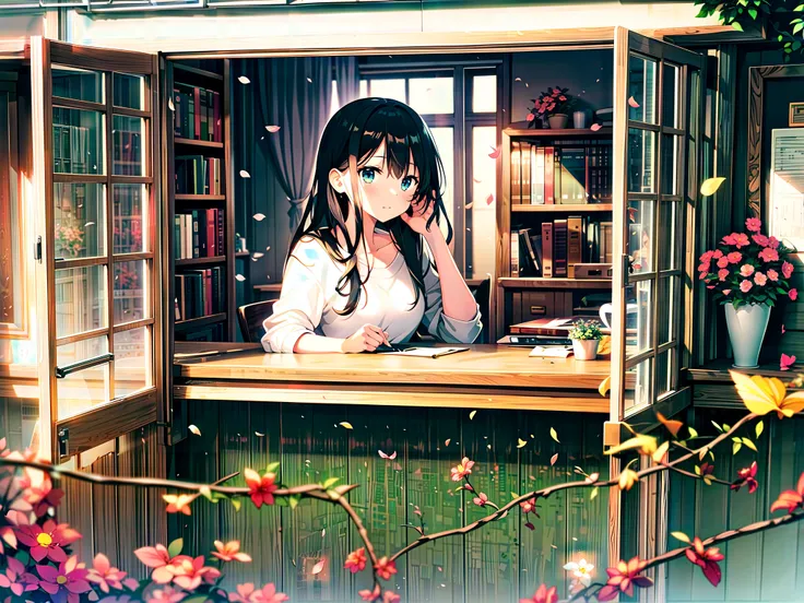 1girl, window, desk, falling petals, bookshelf, wall, flower