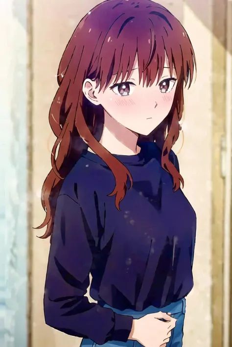 <lyco:Fuyutsuki-san_v1.1:0.75>,  long hair,  brown hair, brown eyes, 
closed mouth ,small breasts, black shirt, jeans, blush,
 (high quality:1.2), 1girl , detailed background, upper body,    <lyco:OffsetNoise Anime:1.0><lyco:OffsetNoise Anime:1.0>