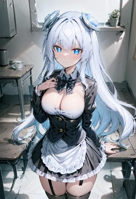 solo, horizon_(counter:side), white hair, very long hair, messy hair, floating, blue eyes, best quality,highly detailed,masterpiece,ultra-detailed,illustration,white silk stocking,absurdres,an extremely delicate and beautiful,extremely_detailed_eyes_and_fa...