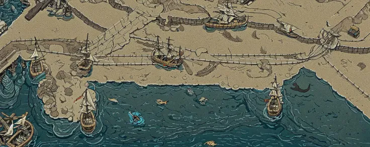 ((ocean)), top down view, from above, (battle, gun smoke, fleet action, passing lines, duel, lifeboats,)