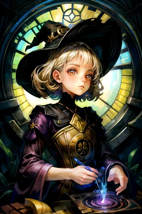 ((best quality)), ((masterpiece)), OdinSphereStyle, highres, absurdres, 1girl, (solo:1.4), young witch mixing potions, gothic, thin figure, young, cute face, (nice hands, detailed hands), cute, chibi, intricate clothing, pretty, pompous, short hair, curly ...