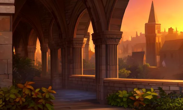 ((extreme detail)),(ultra-detailed),(painting), chiaroscuro, extremely detailed CG unity 8k wallpaper,arch, brick wall, bridge, building, dusk, gradient sky, pillar, scenery, no humans, stone wall, overgrown foliage, orange sky, green sky, <lora:OdinSphere...