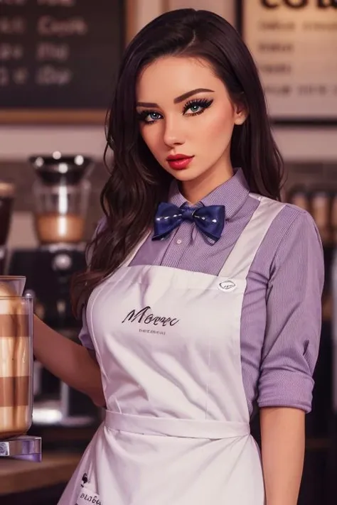 photo of a woman, <lora:missnoir-09:0.5>, missnoir, ((apron, barista uniform, shirt, bowtie):1.2), ((standing, in a coffee shop):1.2), (lipstick, eyeliner, eye shadow), ((best quality, masterpiece, extreme details, high resolution):1.2),((detailed eyes, be...