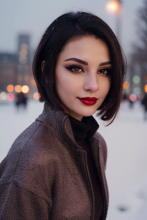 photo of a woman, ((short hair, dark brown hair)), ((turtleneck sweater, jacket)), ((outdoors, city, at night, snow)),smiling, ((red lipstick, eyeliner, eye shadow, blush)), ((best quality, masterpiece, extreme details, high resolution):1.2),((detailed eye...