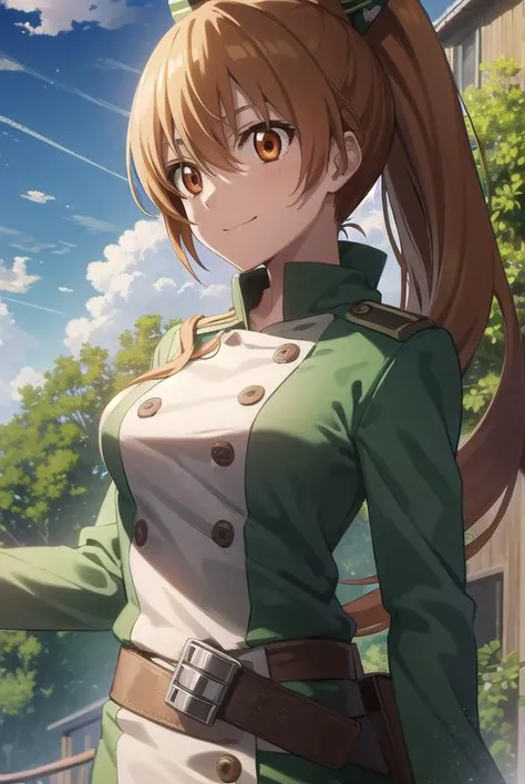 seryuuubiquitous, <lora:seryuu ubiquitous s1-lora-nochekaiser:1>,
seryuu ubiquitous, long hair, brown hair, (brown eyes:1.3), ponytail, uniform, dog, gauntlets, green uniform, military uniform, long sleeves, medium hair, smile,
BREAK ,
BREAK outdoors, natu...