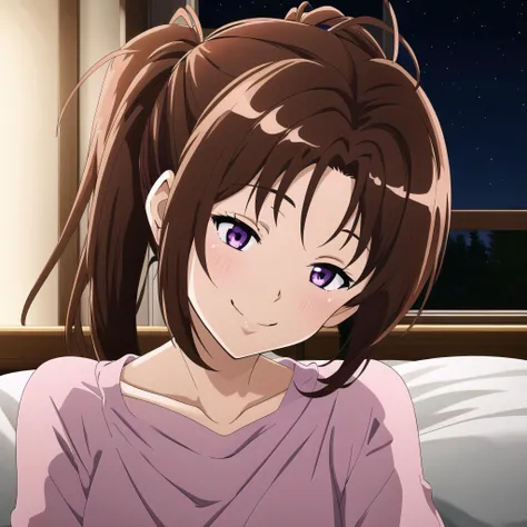 masterpiece, best quality, highres, 1girl, solo, <lora:nakagawa_natsuki_v1:0.7>, nakagawa natsuki, brown hair, pony tail, purple eyes, antenna hair, long hair, head tilt, room, night, sleeping, bed, smiling