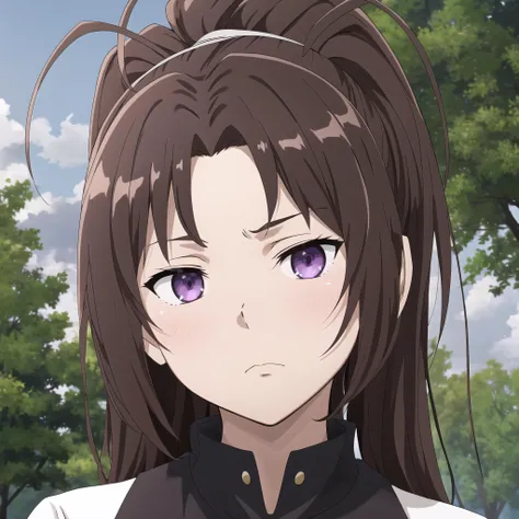 masterpiece, best quality, highres, 1girl, solo, <lora:nakagawa_natsuki_v1:0.7>, nakagawa natsuki, brown hair, pony tail, purple eyes, antenna hair, long hair, head tilt, outdoor setting, neutral expression, stoic demeanor, poker face, enigmatic gaze, calm...