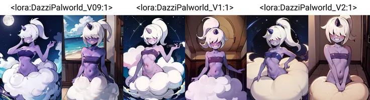 ((best quality)), ((highly detailed)), absurdres, (detailed eyes, deep eyes), (1girl), depth of field, dynamic pose, cowboy shot, <lora:DazziPalworld_V09:1>, Dazzi, ((white hair)), ponytail, (hair over eyes), (covered eyes), colored skin, ((purple skin)), ...