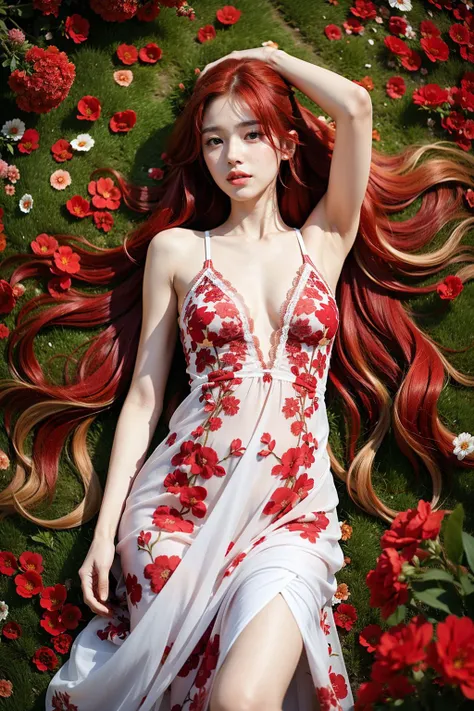 high angle view, full shot, 1girl, long hair, ((red ombre hair)),  two-tone hair, multicolored hair, red eyes, looking at viewer, (OverallDetail), skinny body,
BREAK
(wearing floral print dress), walking through flower fields, (red flowers), vibrant colorf...