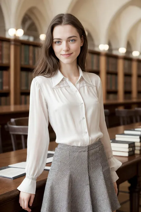 50mm f1.2, masterpiece photograph of
cute 19 year old j kat1emcgrath-135 flirty smile, eye contact
wearing see-through white silk blouse, grey tweed wool skirt
, detailed glossy eyes, sharp focus, hyper-detailed,
university library interior