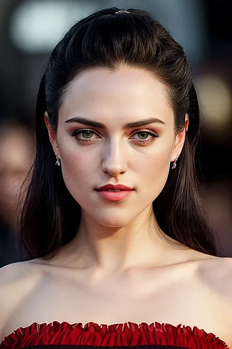 photo of beautiful (kat1emcgrath-135:0.99), a woman with beautiful hair, hair upsweep updo, as a movie star in a (movie premiere), premiere gala, (near a movie theatre), natural skin texture, (elegant red strapless dress), 24mm, 4k textures, soft cinematic...