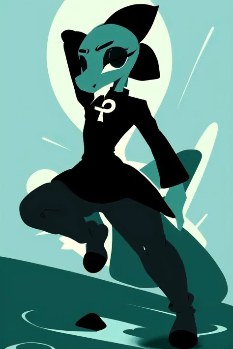 bea santello, furry, wearing a black dress flowing in the wind, black pants,  anime minimalist  <lora:dalcefoPastelmix_pastelmixLora300:0.65>