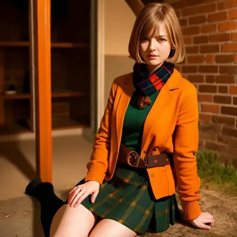 <lora:ellaxxfreya20:1>,ellaxxfreya20,realistic,RAW,masterpiece,1girl,upper body, face,nose,((sad)),sitting on the ground,bob cut, eyes, ears, forehead,horror flim, (green skirt and plaid)
Orange Knit Scarf,Orange Blazer jacket,(belt),(in cellar)