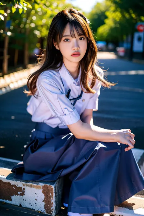 arafed asian woman sitting on a bench in a school uniform