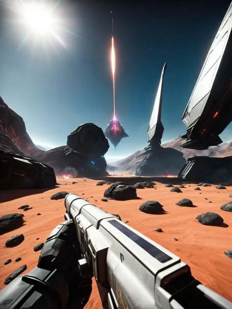 first person view in a warfare in Solar sail park, interstellar adventures with photonic ships navigating ethereal currents beyond Earths atmosphere., gameplay screenshot, fps gameplay, epic, cinematic