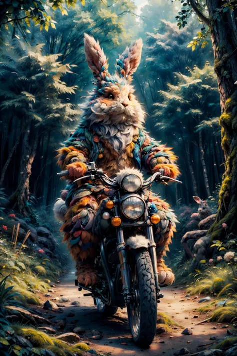 araffe on a motorcycle in the woods with a forest background