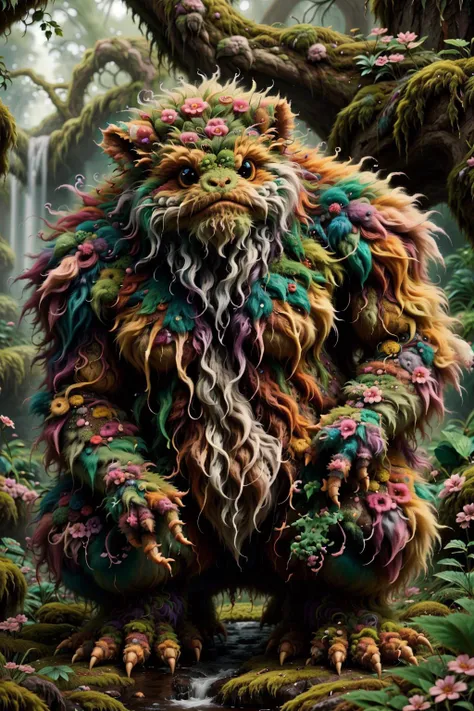 a painting of a furry creature with long hair and flowers